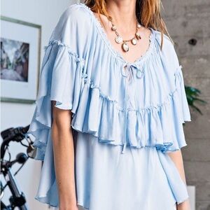 Easel Sky Blue Ruffled Blouse